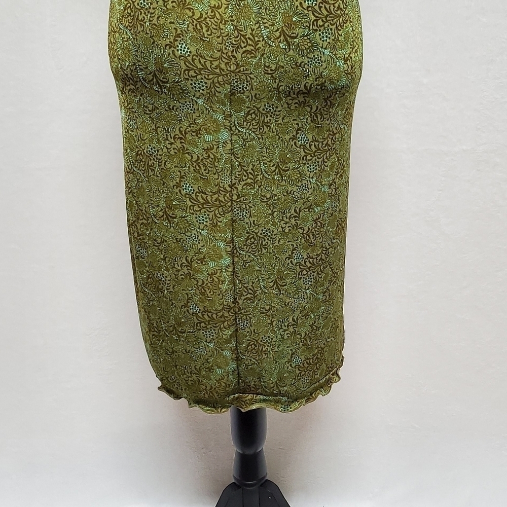 VINTAGE A. Aubrey Green Paisley Stretchy Pin-up Tie Bust Midi Bodycon Dress S - Picture 15 of 16